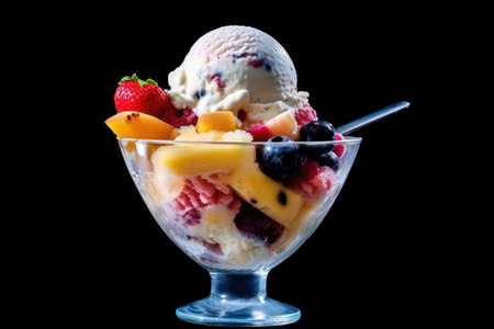 ice cream with fruits and berries in a glass on a black backgroundの素材