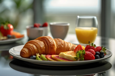 Breakfast with coffee, croissants and fruits on table in cafeの素材