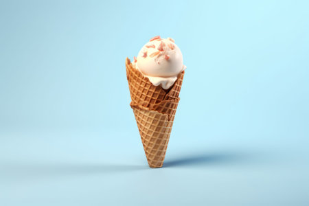 Ice cream in waffle cone on blue background. 3d illustrationの素材