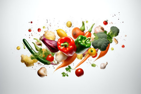 Vegetables flying in the air with splashes and blotsの素材
