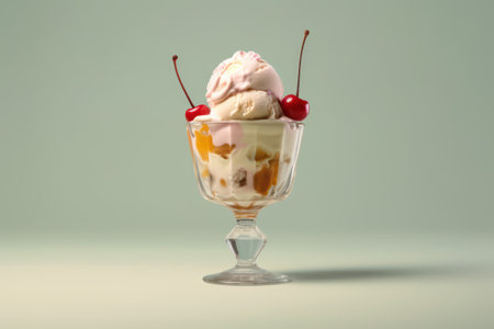 ice cream in a glass vase on a gray background with a cherryの素材