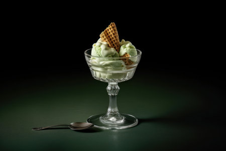 ice cream with wafer in a glass on a dark green backgroundの素材