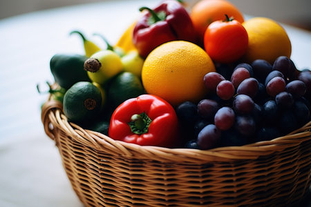 Fresh fruits and vegetables in a wicker basket. Selective focus.の素材
