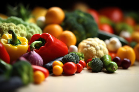 Composition with variety of fresh vegetables on wooden table, closeupの素材