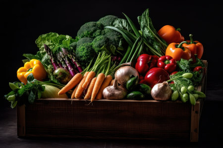 Composition with variety of raw organic vegetables on wooden table. Balanced diet.の素材