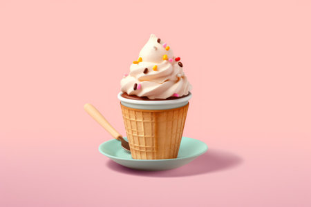 Ice cream in a waffle cup on a pink background. 3d renderingの素材