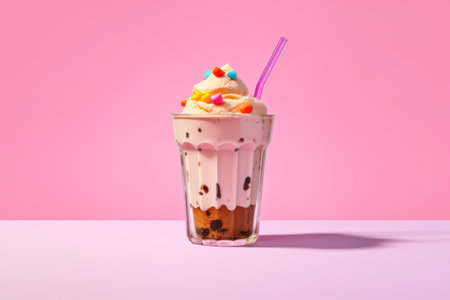 Tasty milkshake with chocolate and sprinkles on color backgroundの素材