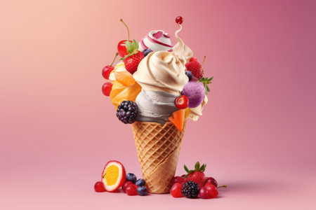 Ice cream in waffle cone with fruits and berries on pink backgroundの素材