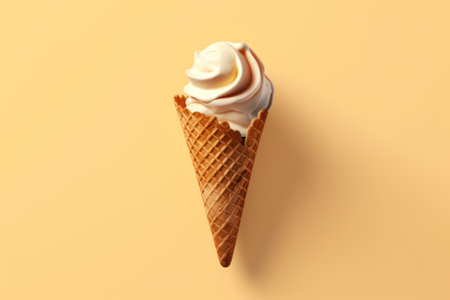 Vanilla ice cream in waffle cone on yellow background, top viewの素材