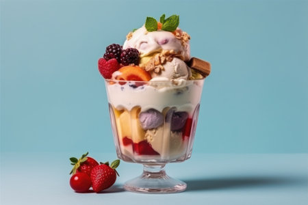 Vanilla ice cream with strawberries, raspberries and mint in a glass on a blue backgroundの素材