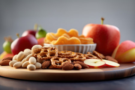 Healthy breakfast with cornflakes, apples and nuts on wooden tableの素材