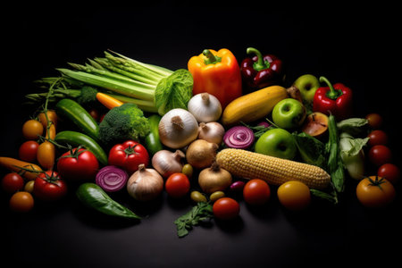 Fresh vegetables on black background. Healthy food. Dieting concept.の素材