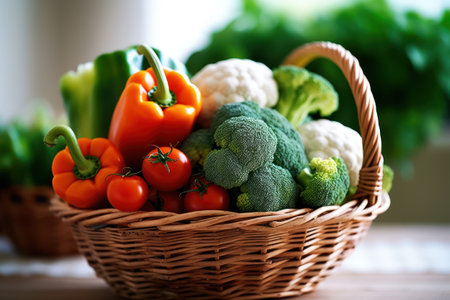 Fresh vegetables in wicker basket on wooden table, close-upの素材