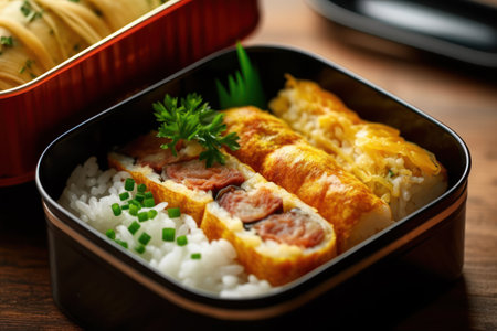 Japanese food, bento bento box with rice and chopsticksの素材
