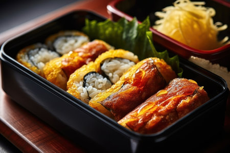 Japanese food. Sushi rolls in a box on a wooden tableの素材