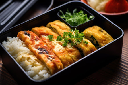 Japanese food - Tempura Udon with rice and vegetables in a boxの素材
