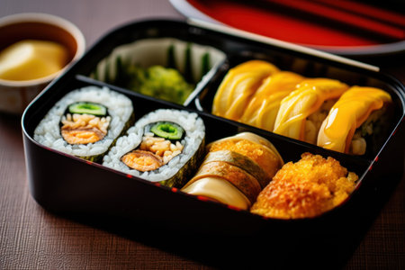 Japanese lunch box with sushi and rolls on wooden table. Close upの素材