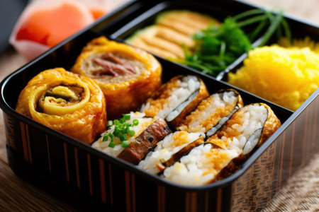 Japanese food, bento box with sushi and rolls, closeupの素材