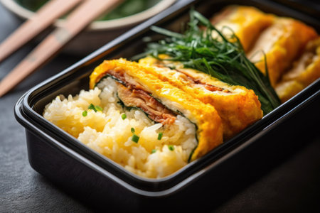 Japanese omelet with salmon and rice in a take away boxの素材
