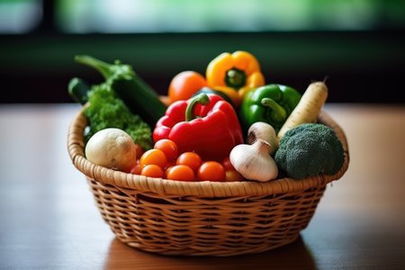 Fresh vegetables in a basket on the table. Healthy food concept.の素材