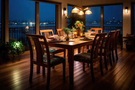Dining room at night with view on the sea and city.の素材