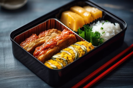 Japanese Bento Lunch Box with Salmon, Rice and Vegetables.の素材