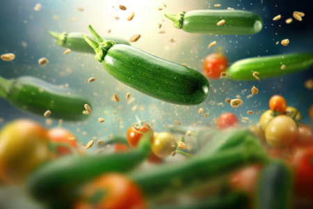 Fresh zucchini and cherry tomatoes flying in air. Food backgroundの素材