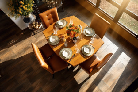 Dining room interior with orange chairs and tableware. View from aboveの素材