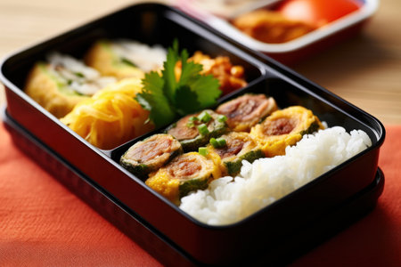 Japanese Bento Lunch Box with Rice and Vegetables, closeupの素材