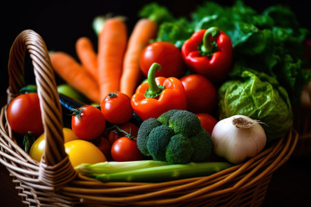 Fresh vegetables in a wicker basket on a dark wooden background.の素材