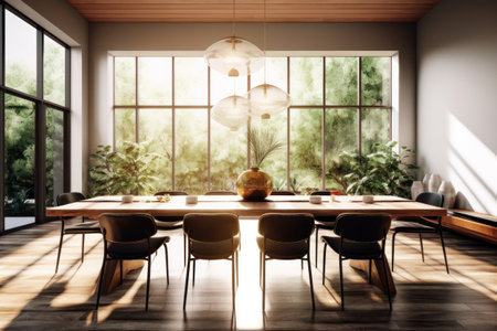 Interior of modern meeting room with wooden walls, concrete floor, long wooden table with yellow chairs and big window with blurry nature view. 3d renderingの素材