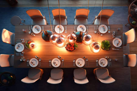 Top view of modern meeting room with orange table and chairs. 3D renderingの素材