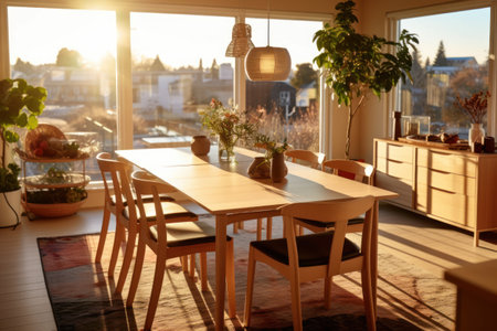 Modern dining room interior with wooden table, chairs and window with city viewの素材