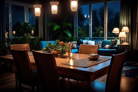 Interior of a modern living room at night. Table and chairsの素材