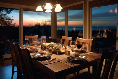 Luxury dining room at sunset. Table set for dinner.の素材