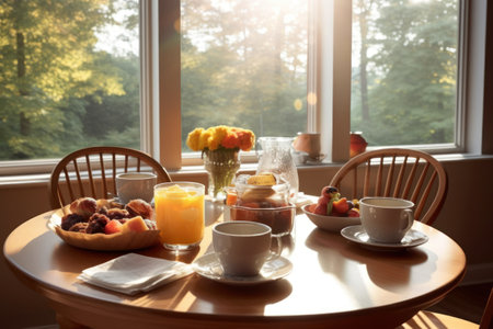 Breakfast with coffee, orange juice, croissants and fruits on the tableの素材