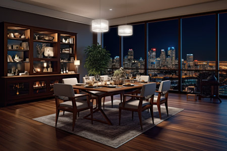 Dining room interior with city view. 3D Rendering.の素材