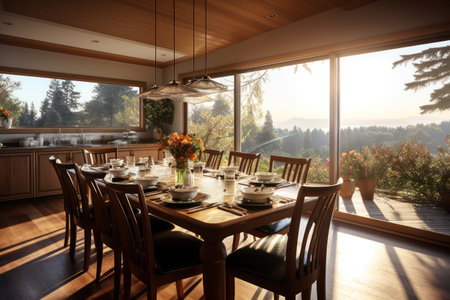 Luxury dining room interior with wooden furniture and window overlooking the mountainsの素材