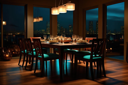 Dining room interior with a view of the city at night.の素材