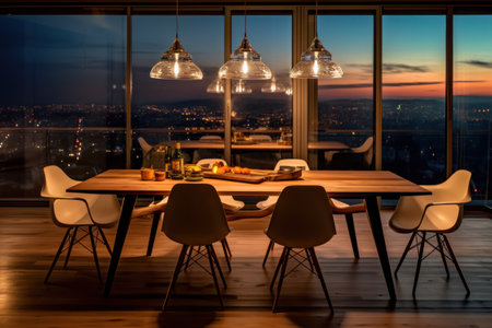 Luxury dining room with a beautiful view of the city.の素材