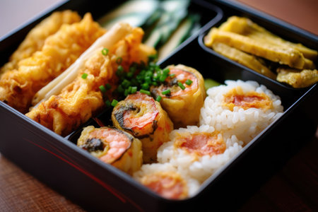 Japanese Bento Lunch Box with Shrimp Tempura and Vegetablesの素材