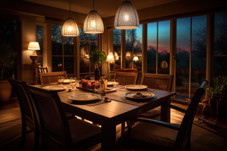 Dining room interior at night with large window and big window.の素材