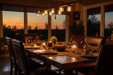 Beautiful table setting in a restaurant in the evening at sunset.の素材