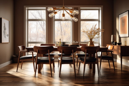 Interior of modern dining room with brown walls, wooden floor, round dining table with black chairs and lamps. 3d renderの素材