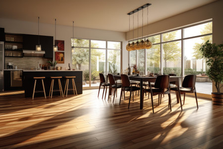 Interior of modern dining room with wooden floor. 3d renderingの素材