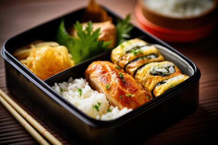 Japanese lunch box with eel, rice and chopsticks on wooden tableの素材