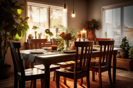 Dining room interior in a modern house with flowers and plants.の素材
