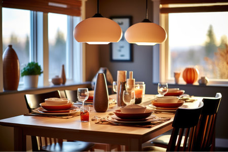 Beautiful table setting for Thanksgiving dinner in cozy home interior. Selective focus.の素材