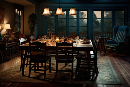 Interior of a restaurant with wooden chairs and tables. Evening lightingの素材