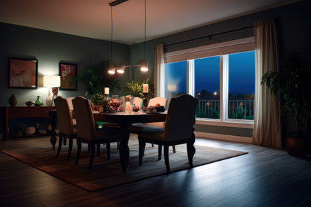 Dining room interior with furniture and window view. 3d renderingの素材